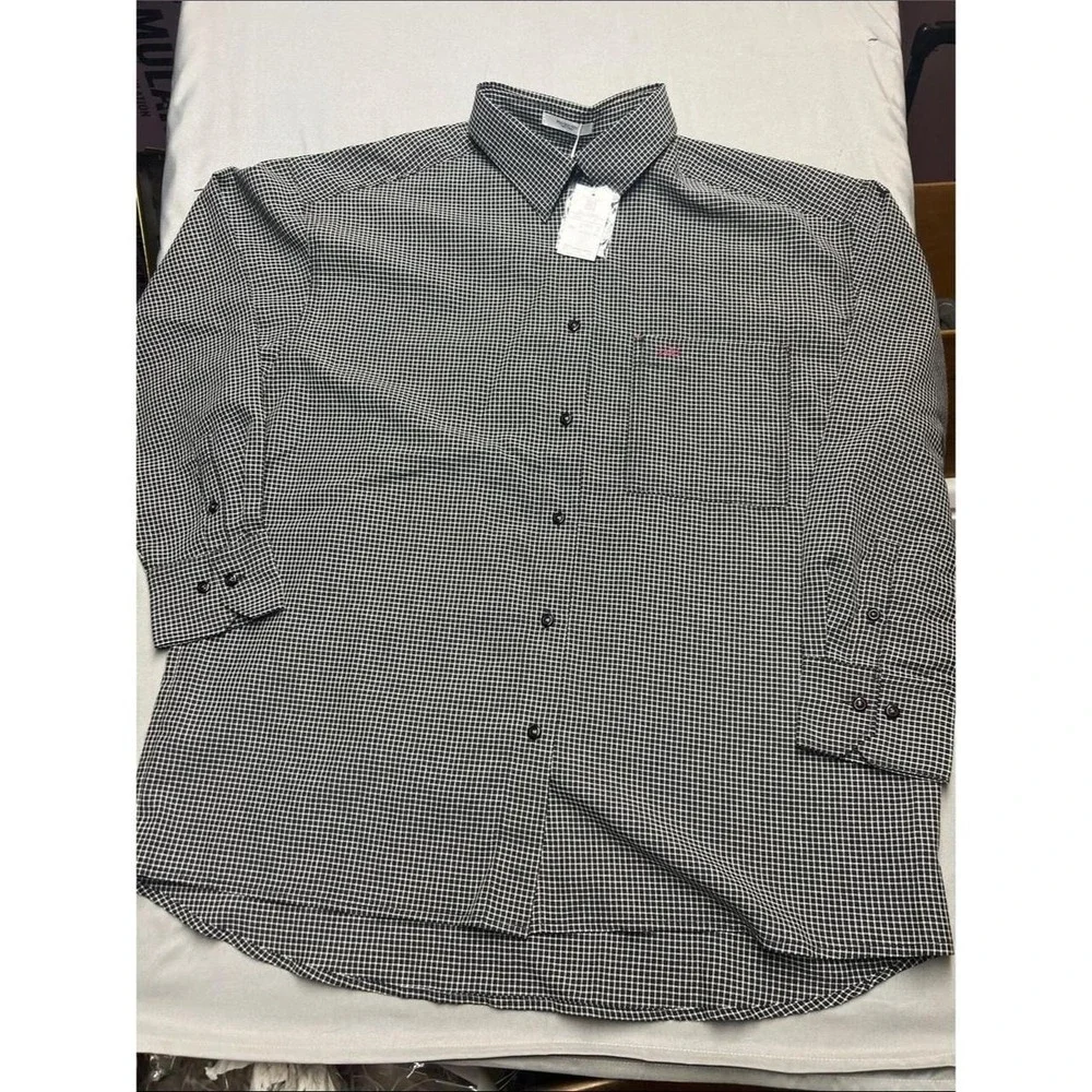 Men's long-sleeve button-down in a black and white micro-check pattern